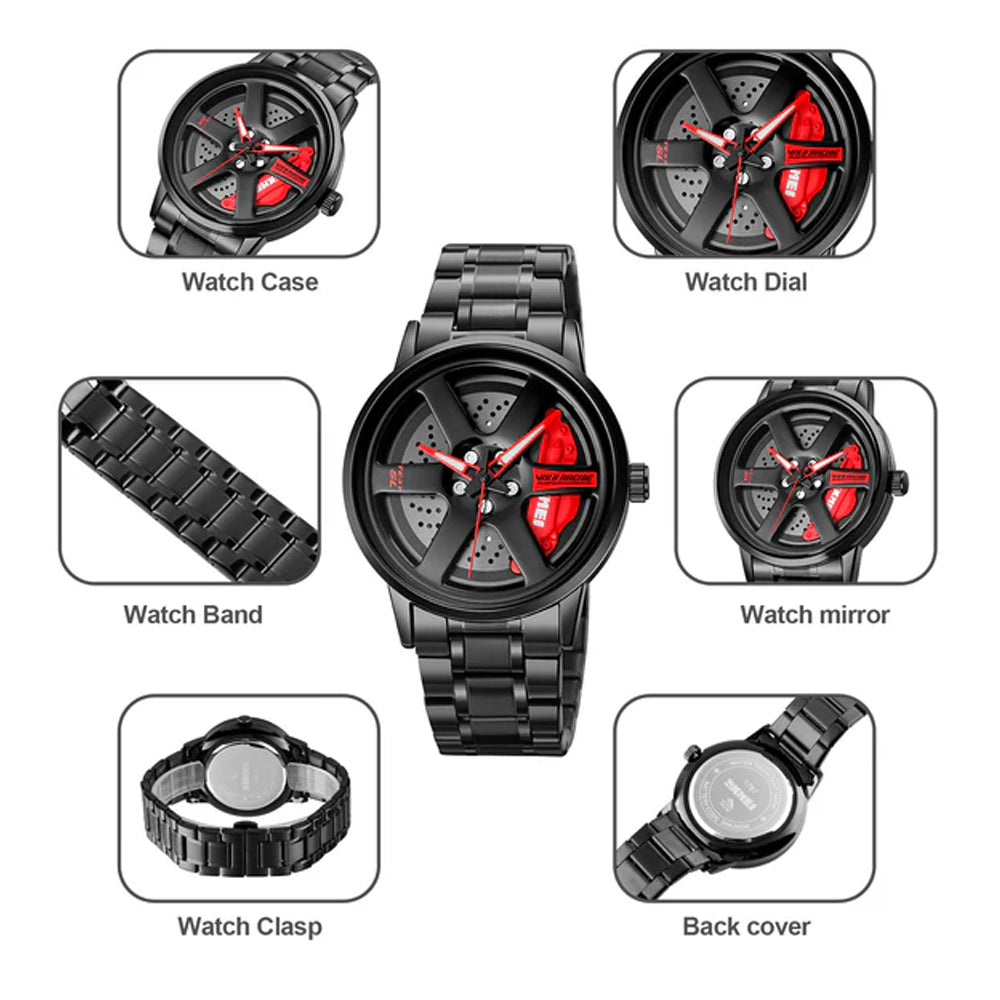 Classic Business Men's Black Red Color Wristwatch Wheels Rolling Creative Watch