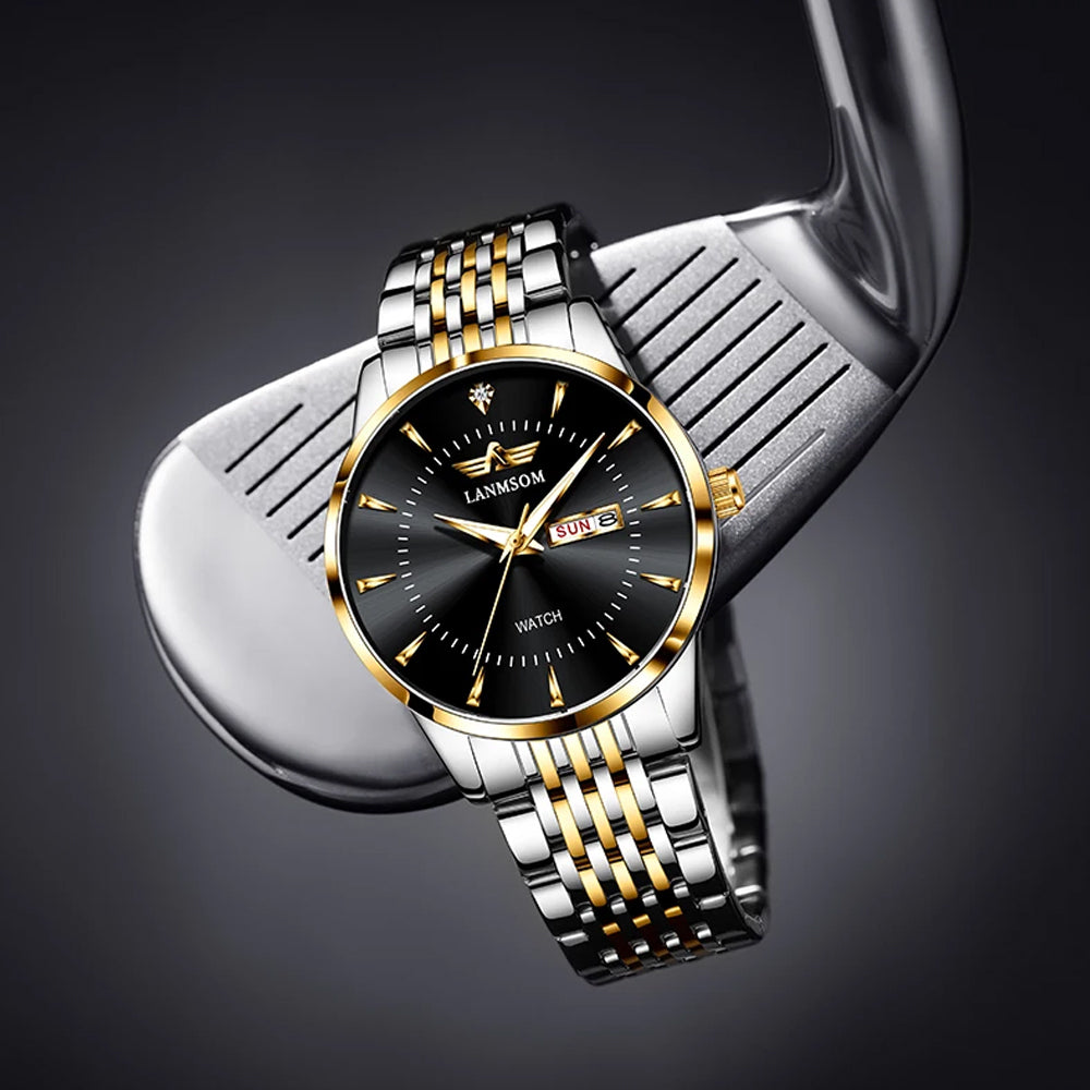 Luxury Men's Waterproof Black Golden Watches, Casual Business Calendar Quartz Watches With Steel Strap