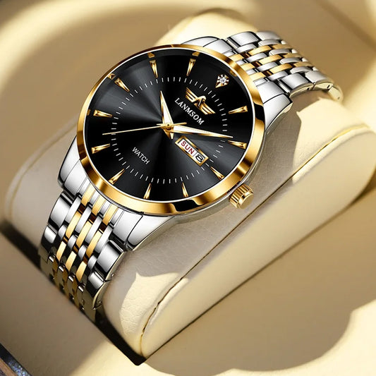 Luxury Men's Waterproof Black Golden Watches, Casual Business Calendar Quartz Watches With Steel Strap