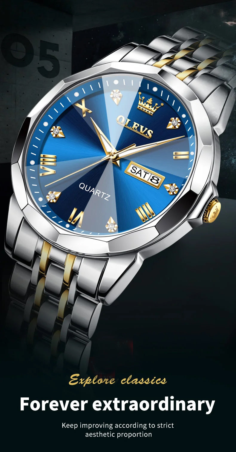 Original Quartz Watch for Man Waterproof Luminous Stainless Steel Wristwatch Male Date Week