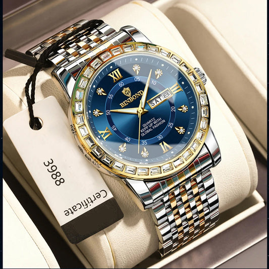 Luxury Blue Watch For Waterproof Week Date Luminous Stainless Steel Men Watch Casual Quartz Men's Watches Male