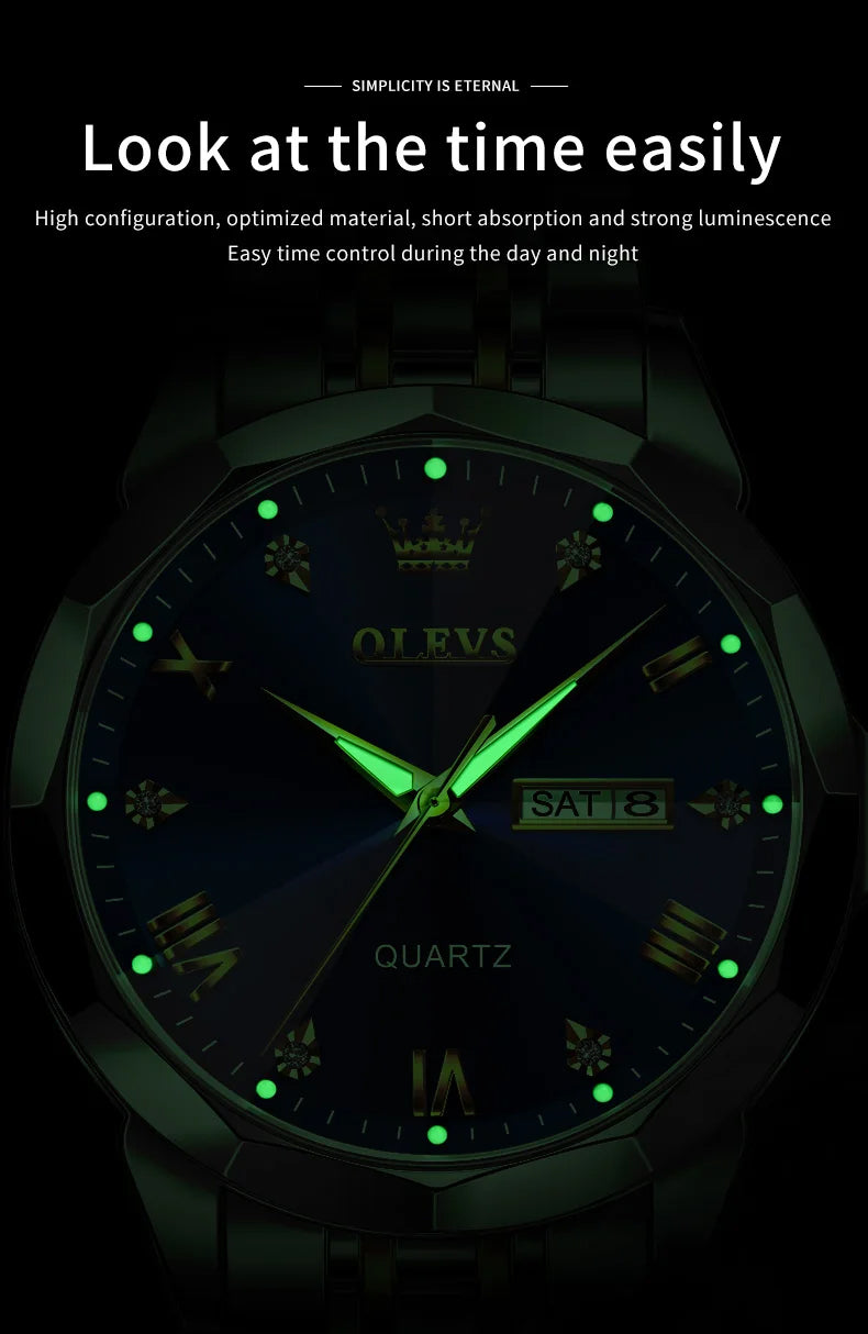 Original Quartz Watch for Man Waterproof Luminous Stainless Steel Wristwatch Male Date Week