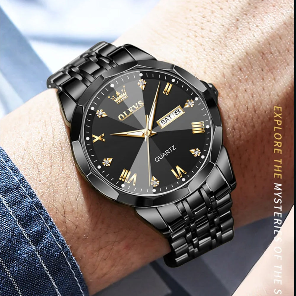 Black Color Original Quartz Watch for Man Waterproof Luminous Stainless Steel Wristwatch Male Date Week