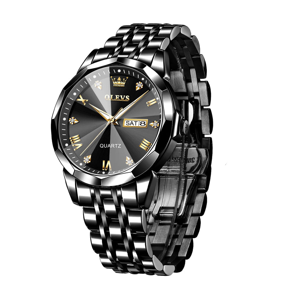 Black Color Original Quartz Watch for Man Waterproof Luminous Stainless Steel Wristwatch Male Date Week