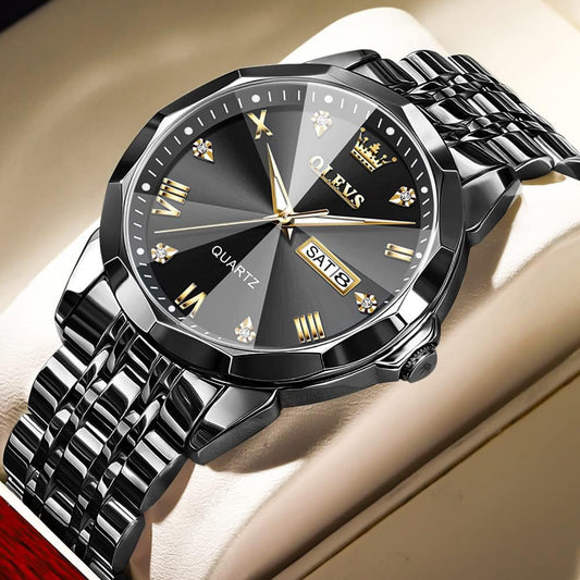 Black Color Original Quartz Watch for Man Waterproof Luminous Stainless Steel Wristwatch Male Date Week