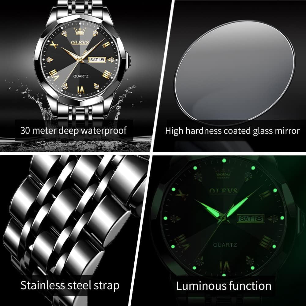 Black Color Original Quartz Watch for Man Waterproof Luminous Stainless Steel Wristwatch Male Date Week