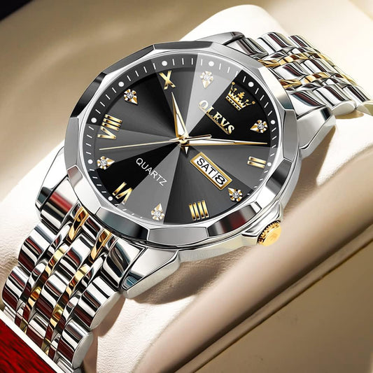 Silver Black Color Original Quartz Watch for Man Waterproof Luminous Stainless Steel Wristwatch Male Date Week