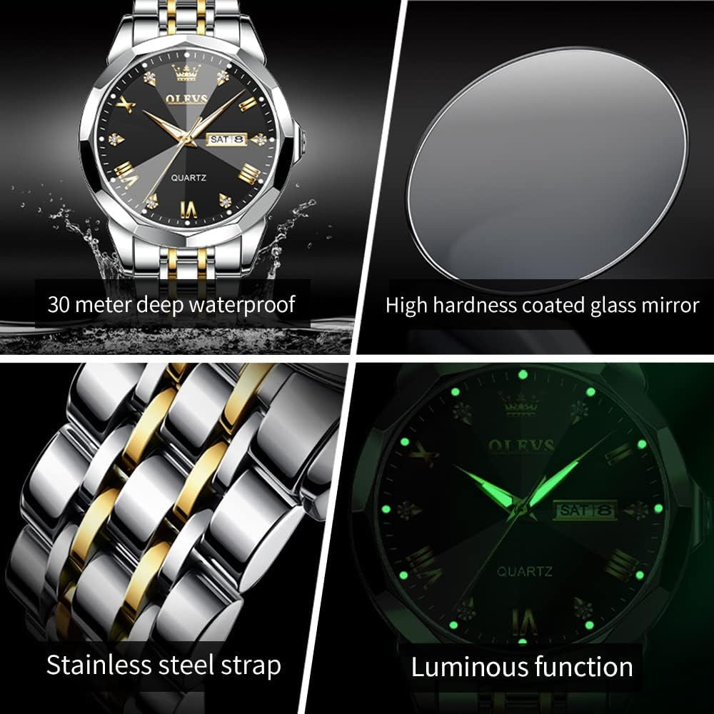 Silver Black Color Original Quartz Watch for Man Waterproof Luminous Stainless Steel Wristwatch Male Date Week